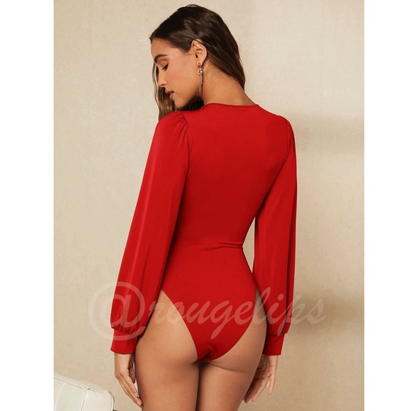 Red Elegant V neck Bodysuit Long Bishop Sleeves Stretchy Ruched Waist - Picture 3 of 10